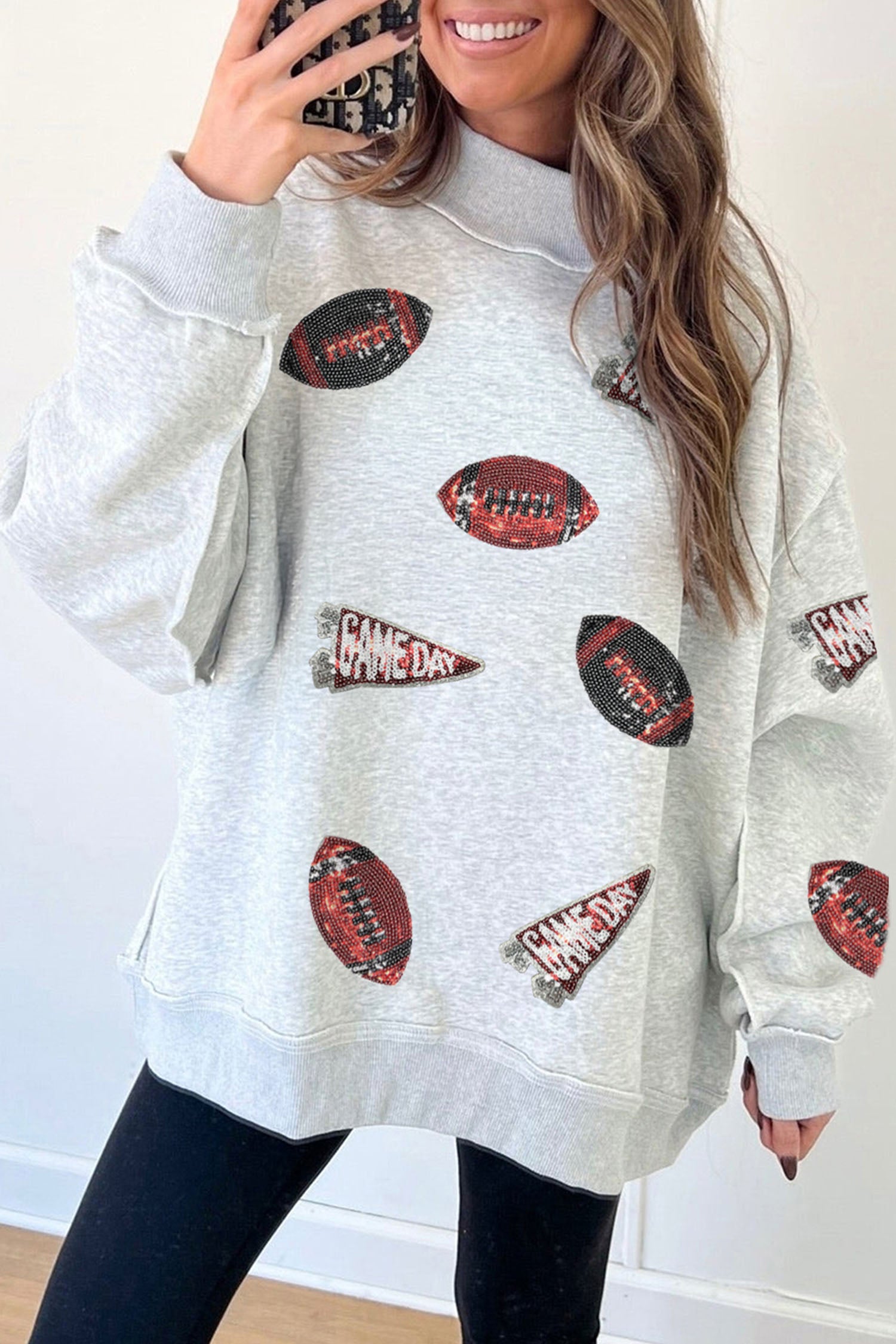 Light Grey Sequin Rugby Game Day High Neck Baggy Sweatshirt - Aaria Tees Aaria Tees
