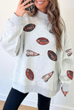 Light Grey Sequin Rugby Game Day High Neck Baggy Sweatshirt - Aaria Tees Aaria Tees