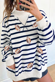 Blue Stripe Sequin Rugby Print Mock Neck Casual Sweatshirt Aaria Tees