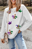 White Sequin Mardi Gras Symbol Crown Mask Patched Corded Sweatshirt - Aaria Tees Aaria Tees