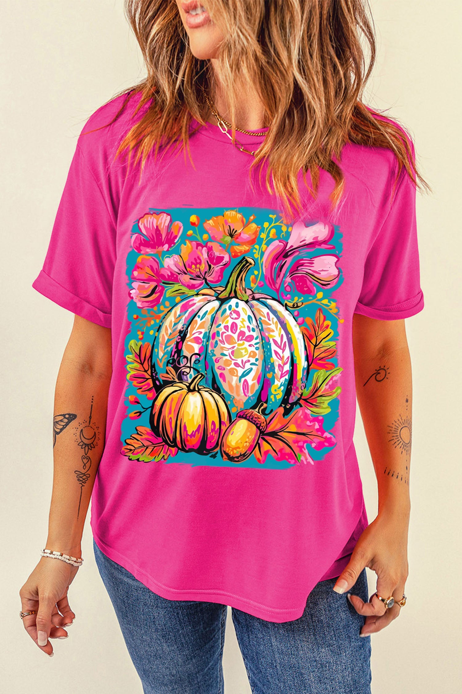 Rose Red Floral Pumpkin Graphic Print Crewneck Relaxed T-Shirt - Aaria Tees Aaria Tees