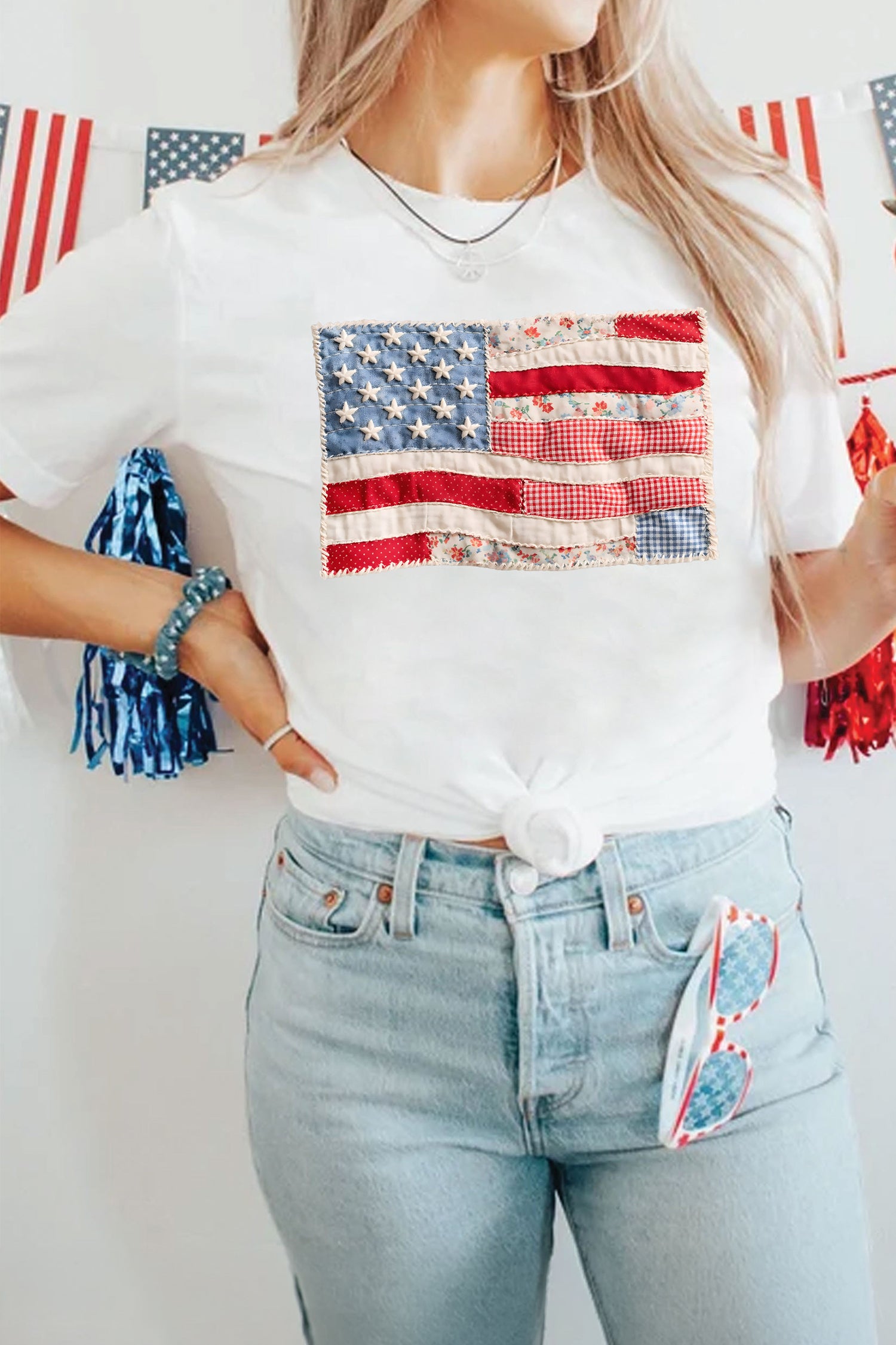 White Faux Patchwork Printed US Flag Casual Tee - Aaria Tees Aaria Tees