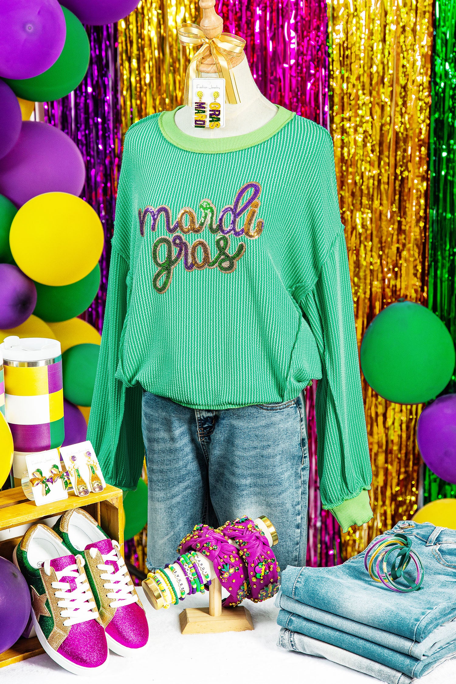 Bright Green Twisted Ribbed mardi gras Sequin Graphic Exposed Seam Patchwork Pullover Top - Aaria Tees Aaria Tees