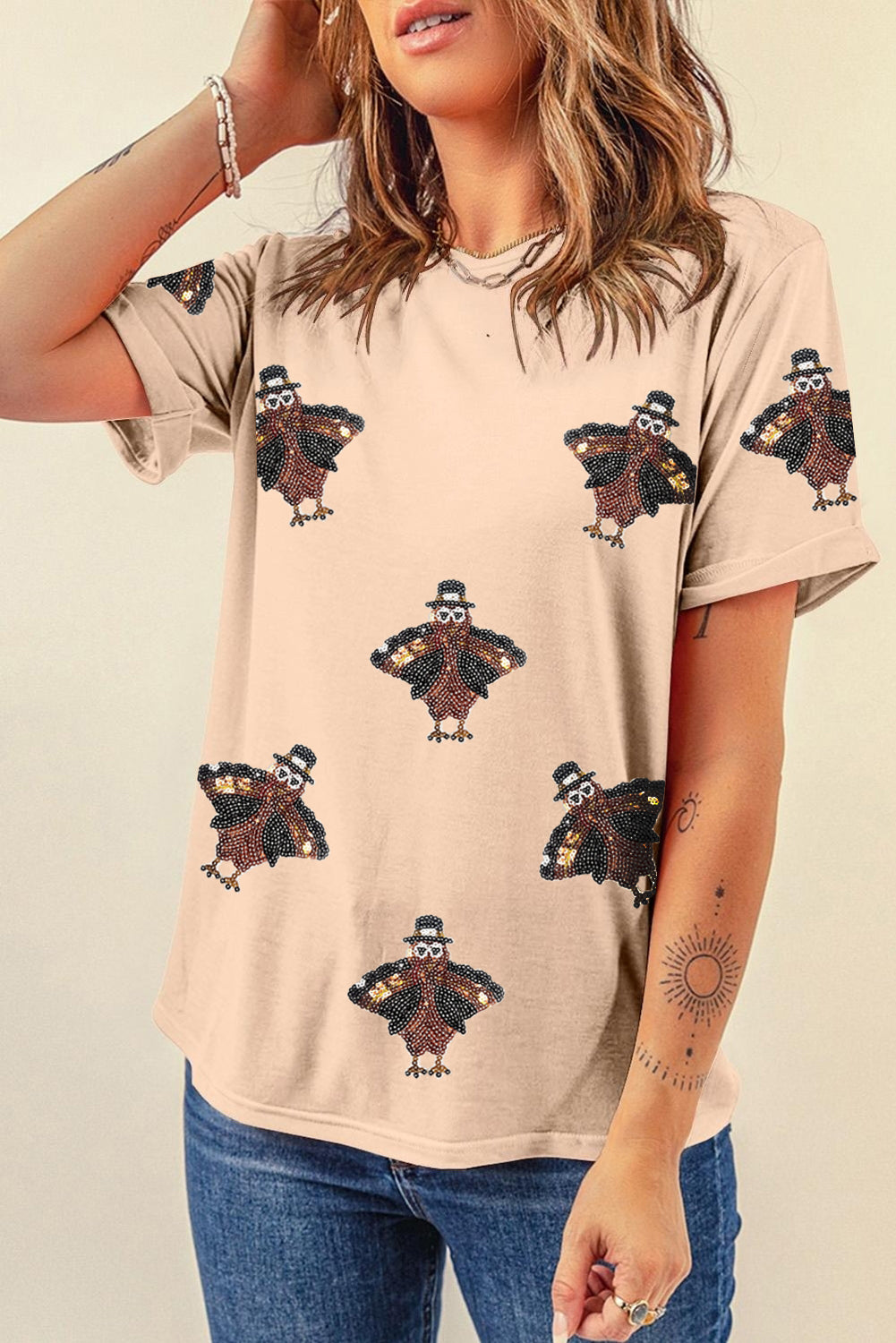 Khaki Sequined Turkey Patched Pattern Crewneck Thanksgiving T Shirt - Aaria Tees Aaria Tees