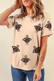 Khaki Sequined Turkey Patched Pattern Crewneck Thanksgiving T Shirt - Aaria Tees Aaria Tees