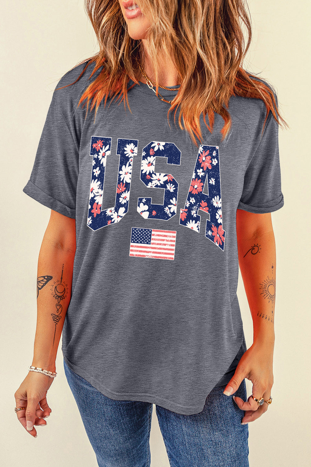 Gray Blooming USA Flag Print Casual T Shirt - Aaria Tees Aaria Tees