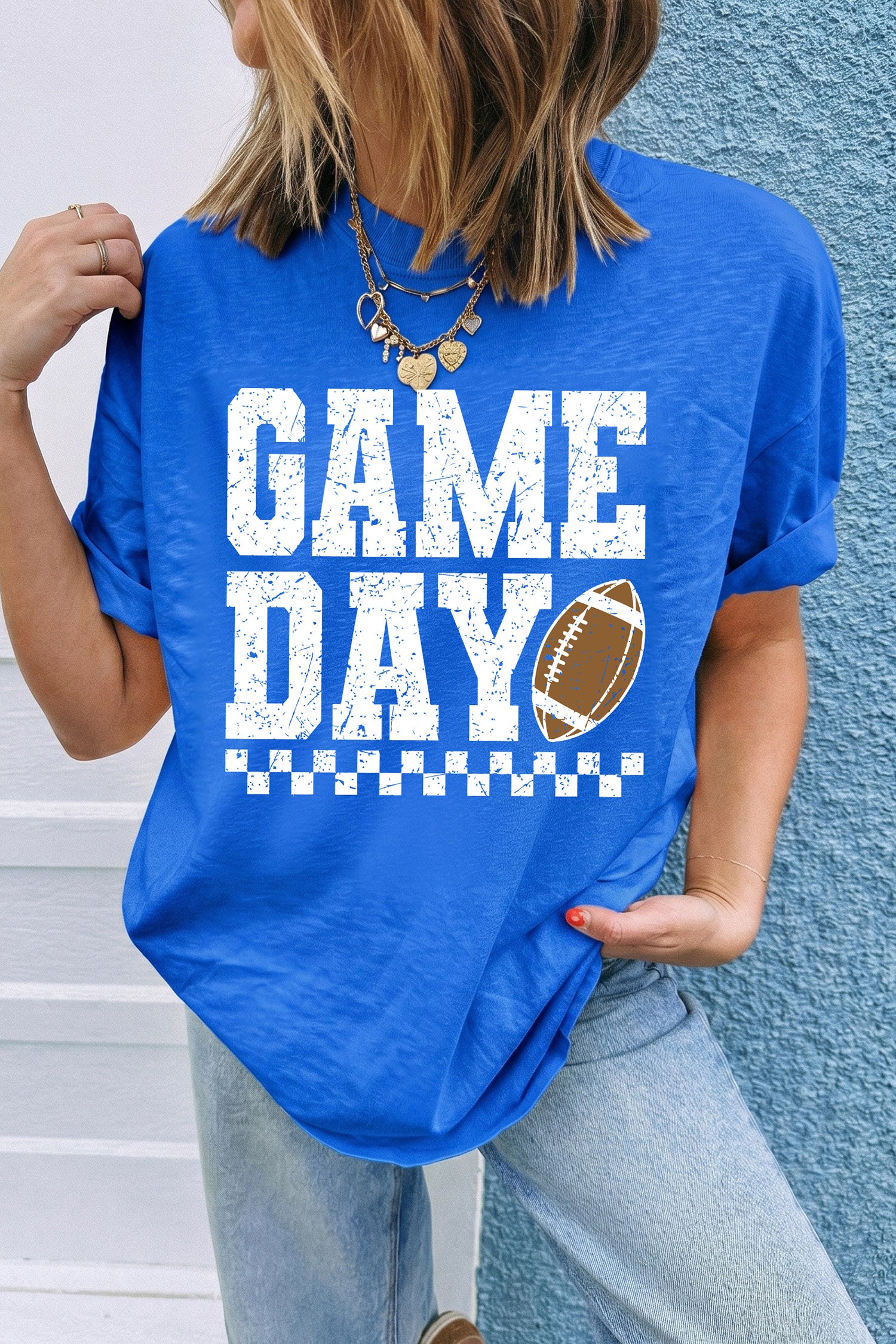 Dark Blue GAME DAY Checkered Print Rugby Graphic T Shirt - Aaria Tees Aaria Tees