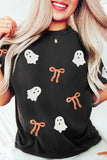 Black Sequin Bow Ghost Patched Halloween Graphic Tee Aaria Tees