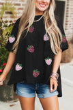 Black Sequin Strawberry Graphic High Low Relaxed Fit Tee Aaria Tees
