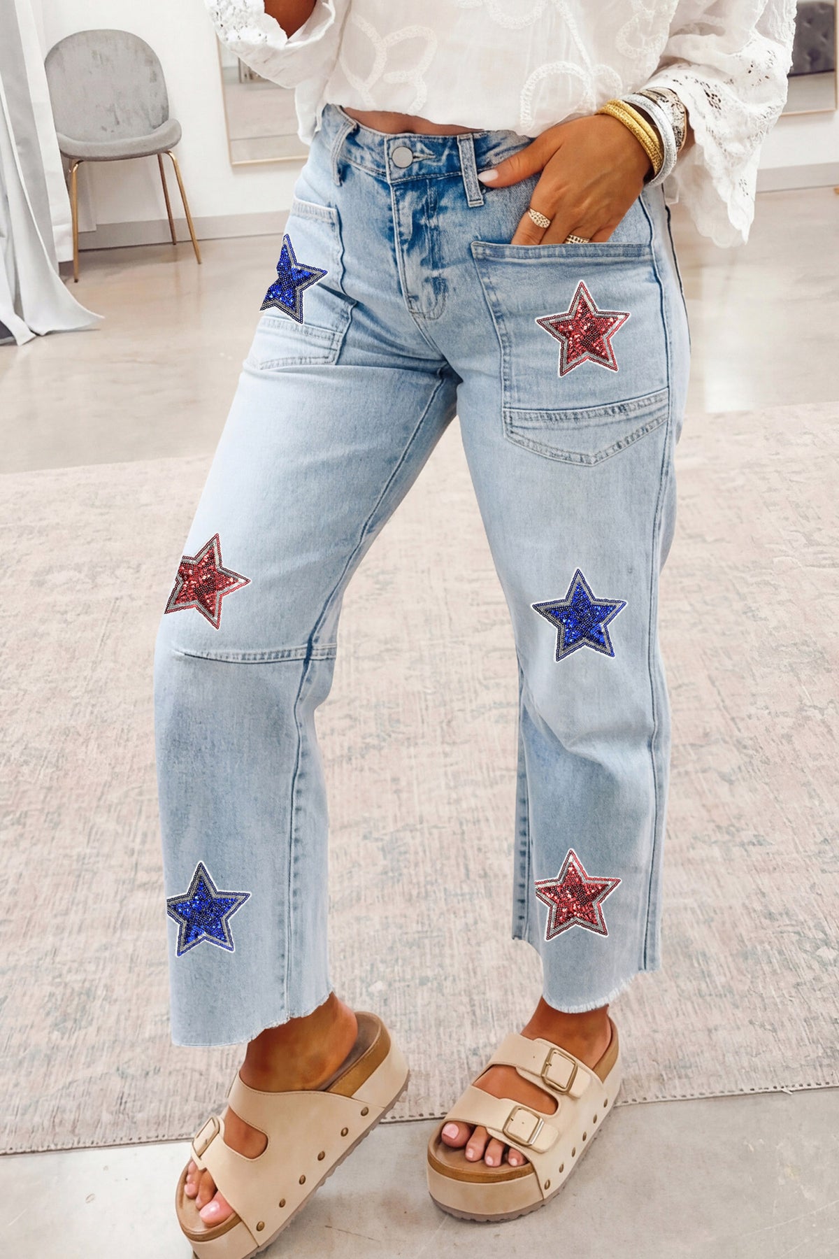 Beau Blue Patriotic Sequin Stars Patch Pocket Shift Jeans - Aaria Tees