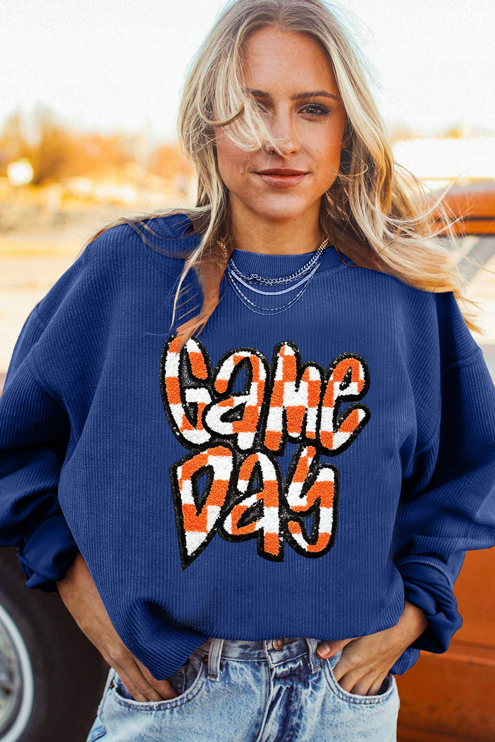 Dark Blue Chenille Checkered Game Day Graphic Drop Shoulder Corded Sweatshirt - Aaria Tees Aaria Tees