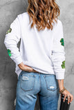White Four Leaf Clover Patched Graphic St Patricks Sweatshirt Aaria Tees
