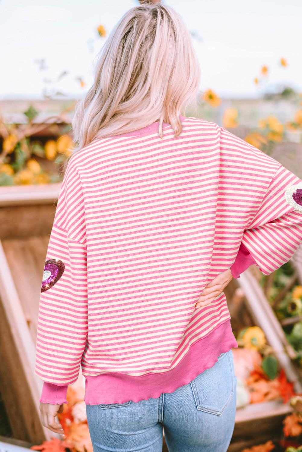 Pink Stripe Sequin Heart Patched Pattern Long Sleeve Valentines Top - Aaria Tees Aaria Tees