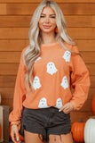Orange Twisted Ribbed Texture Halloween Ghost Sequin Patched Sweatshirt Aaria Tees
