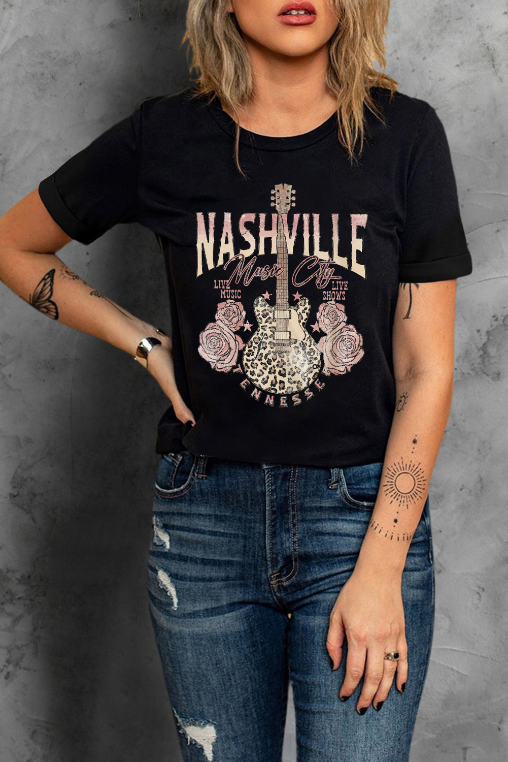 Black Nashville Music City Leopard Guitar Graphic T Shirt - Aaria Tees Aaria Tees