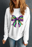 White Mardi Gras Bow Graphic Drop Shoulder Sweatshirt Aaria Tees