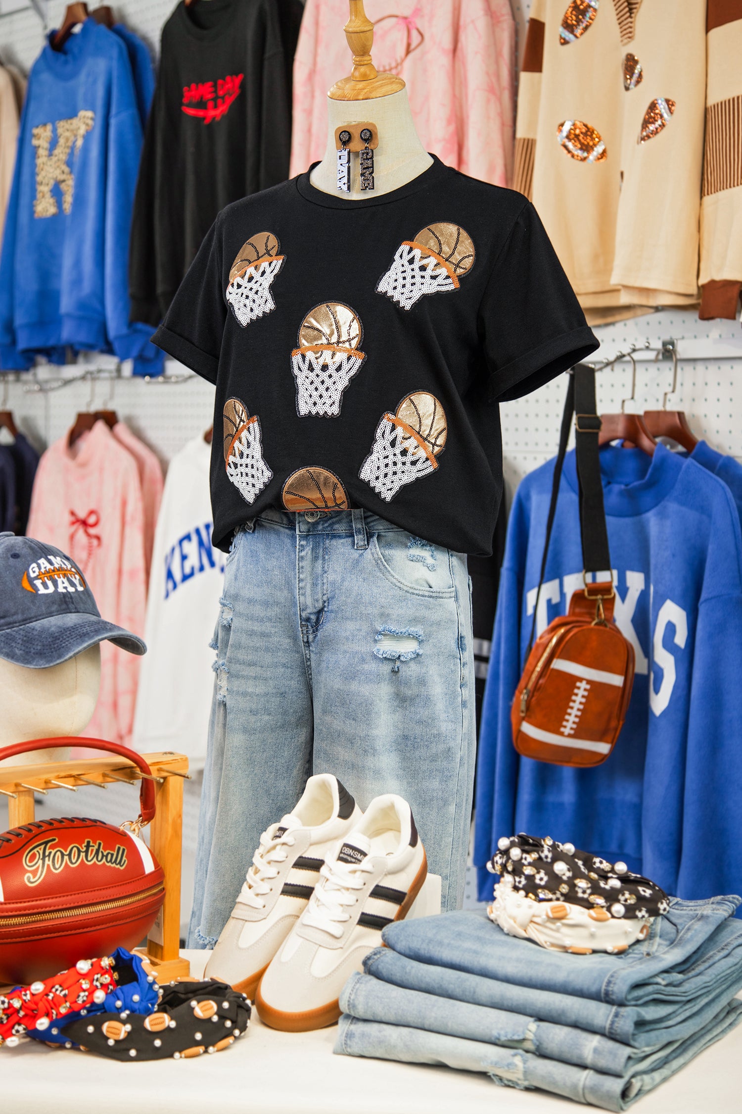 Black Sequin Basketball Patched Graphic Game Day T Shirt - Aaria Tees Aaria Tees