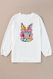 White Floral Rabbit with Glasses Graphic Corded Easter Sweatshirt Aaria Tees