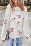 White Corded Rib Sequin Santa Bow Patched Drop Shoulder Graphic Sweatshirt Aaria Tees