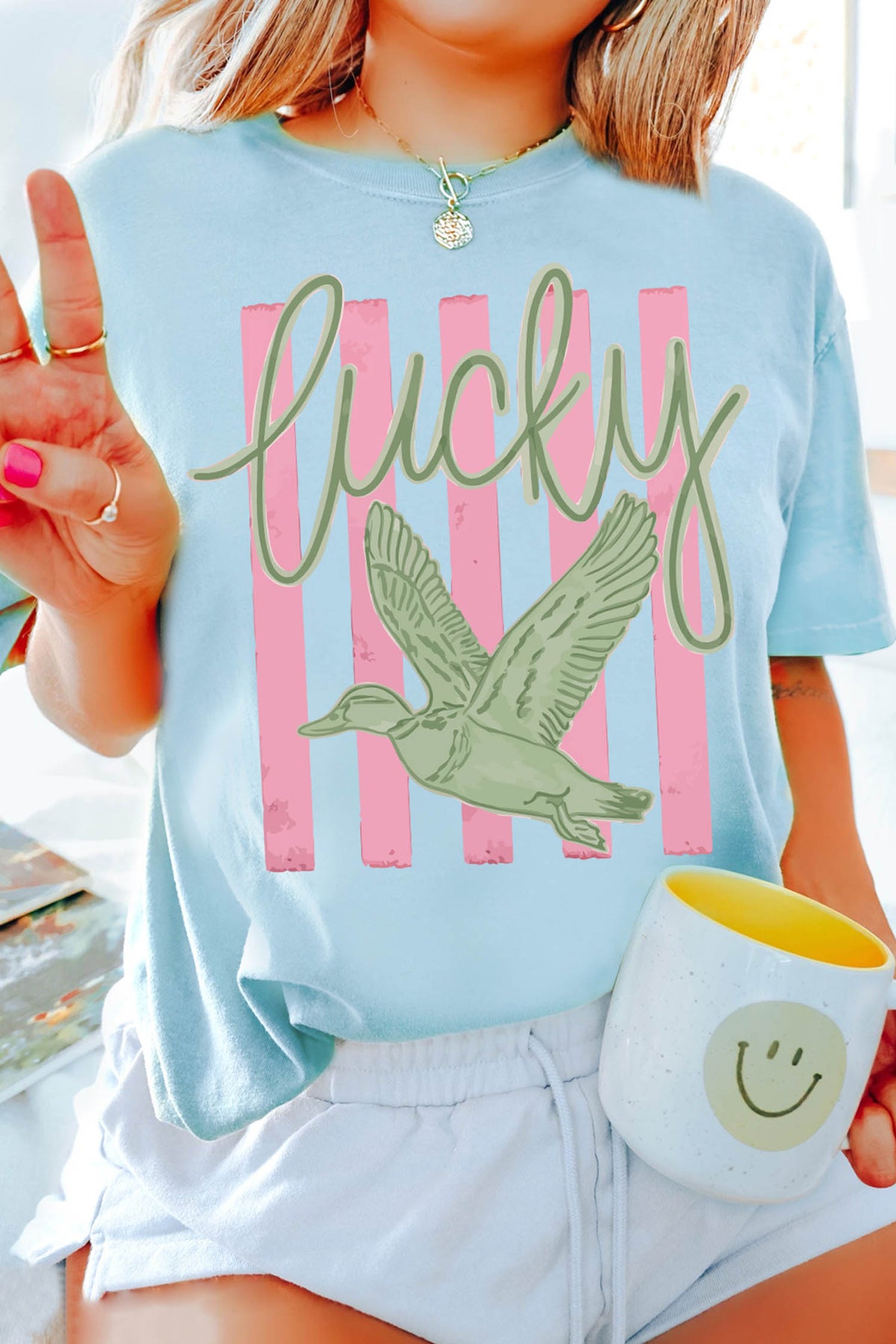 Light Blue Lucky Duck Print Casual Round Neck T Shirt - Aaria Tees