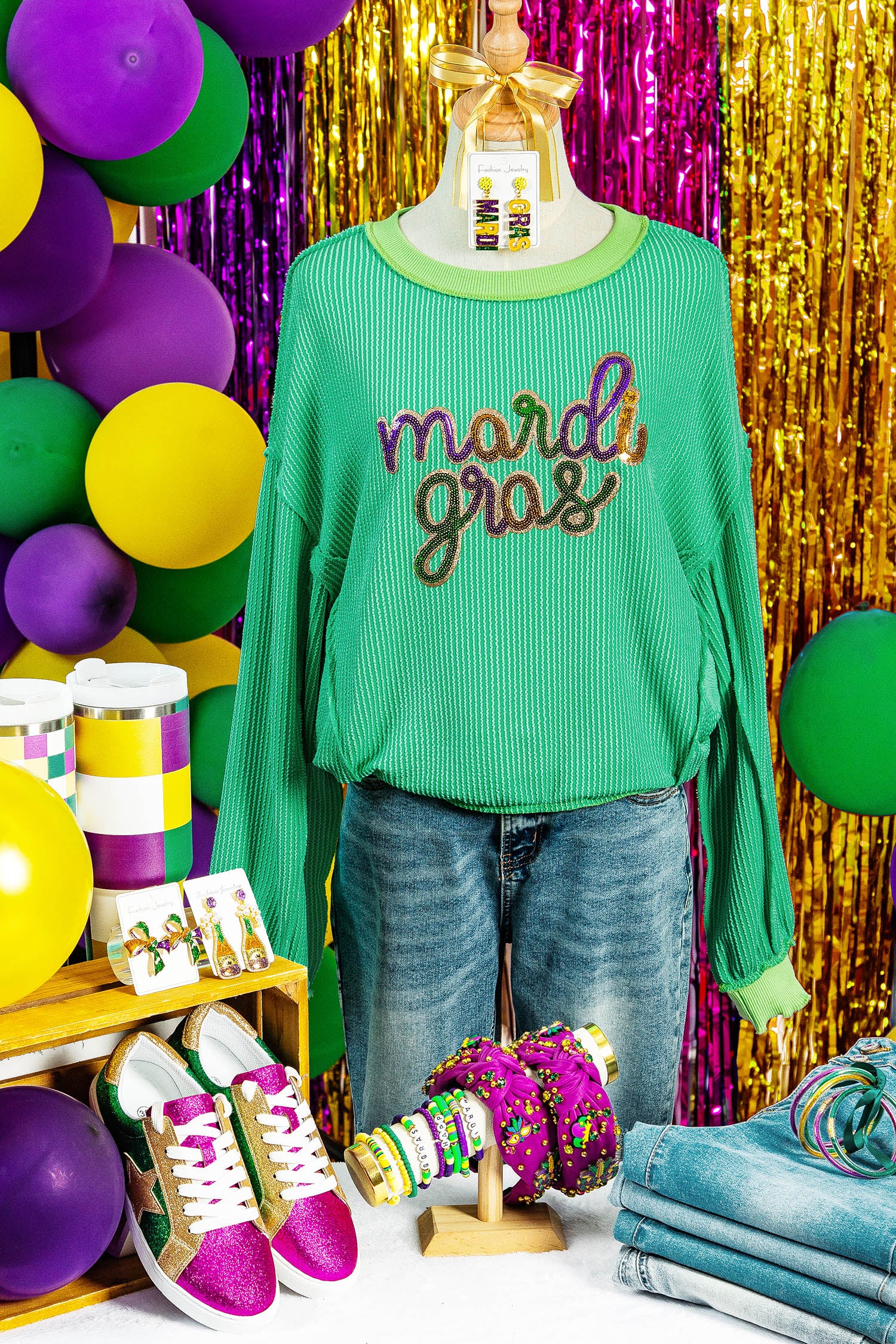 Bright Green Twisted Ribbed mardi gras Sequin Graphic Exposed Seam Patchwork Pullover Top - Aaria Tees Aaria Tees
