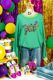 Bright Green Twisted Ribbed mardi gras Sequin Graphic Exposed Seam Patchwork Pullover Top - Aaria Tees Aaria Tees