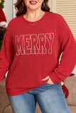 Fiery Red Twist Ribbed MERRY Letter Graphic Plus Size Pullover Aaria Tees