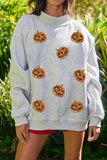 Light Grey Sequined Halloween Pumpkin Graphic Exposed Seam Mock Neck Sweatshirt Aaria Tees