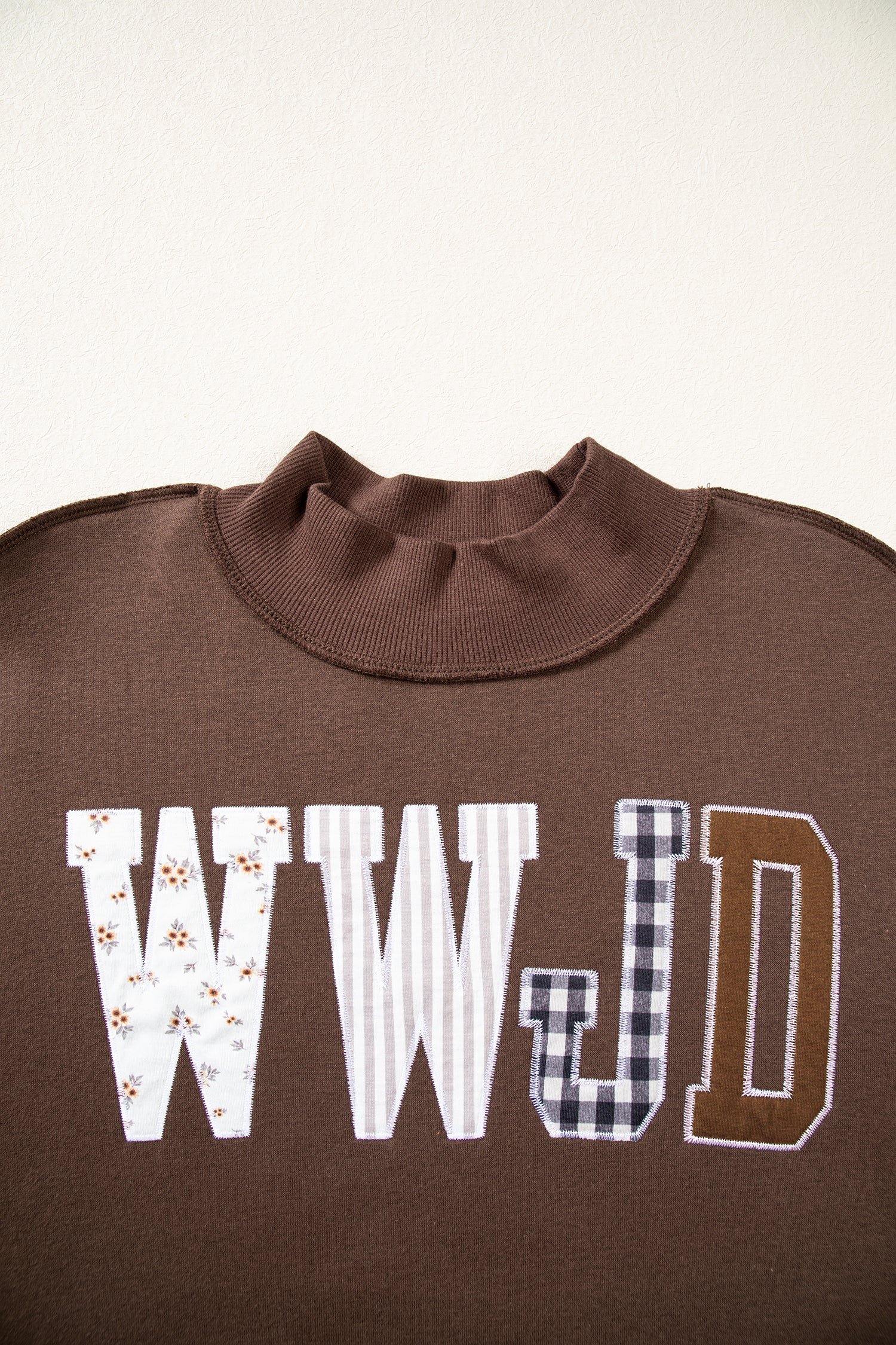 Coffee WWJD Mixed Pattern Embroidered Patch Graphic Mock Neck Sweatshirt - Aaria Tees Aaria Tees