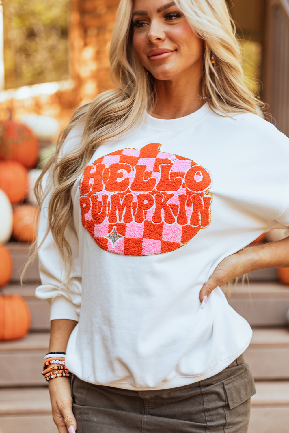 White Terry Halloween Pumpkin Patched Pattern Pullover Sweatshirt - Aaria Tees Aaria Tees