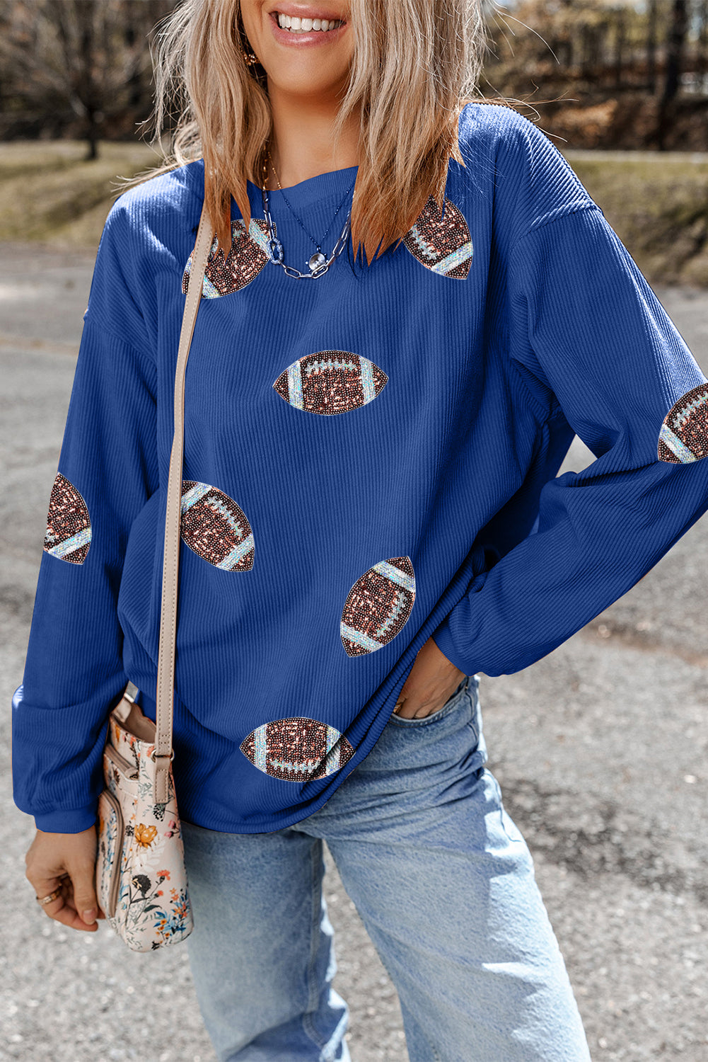 Dark Blue 3D Ribbed Texture Sequin Rugby Patched Baggy Sweatshirt - Aaria Tees Aaria Tees