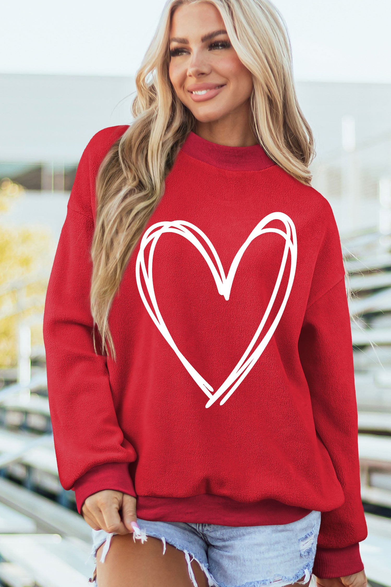 Racing Red Valentines Day Heart Love Script Reversible Printed Double Wear Mock Neck Sweatshirt - Aaria Tees Aaria Tees