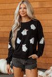 Black Sequin Cute Bow Ghost Graphic Crew Neck Halloween Sweatshirt Aaria Tees