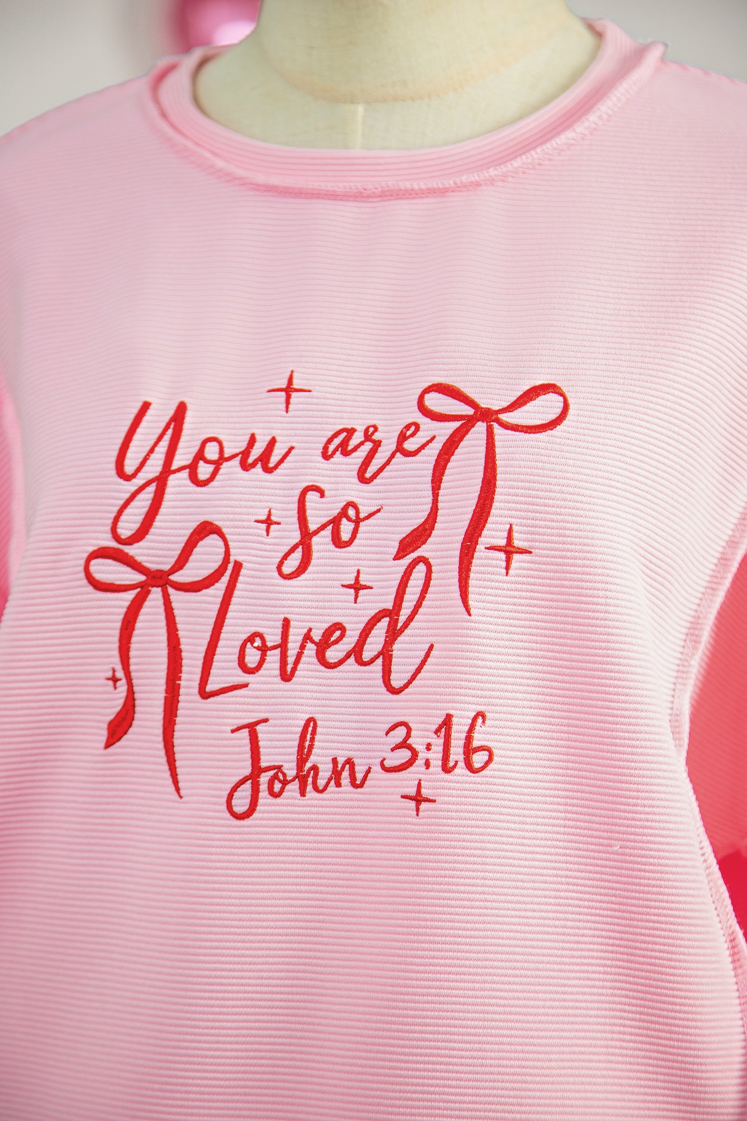 Pink you are so loved Valentines Day Bow Embroidered Graphic Pullover Top - Aaria Tees Aaria Tees