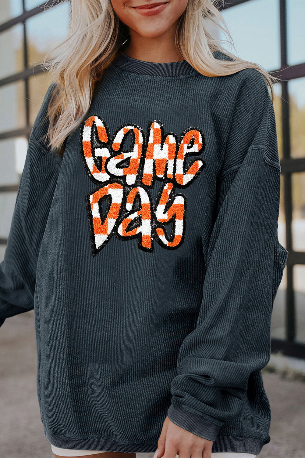 Dark Blue Chenille Checkered Game Day Graphic Drop Shoulder Corded Sweatshirt - Aaria Tees Aaria Tees