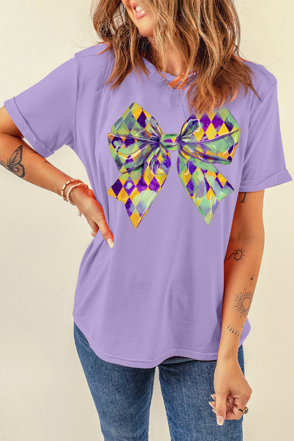 Wisteria Mardi Gras Bowknot Pattern Crew Neck T Shirt - Aaria Tees Aaria Tees