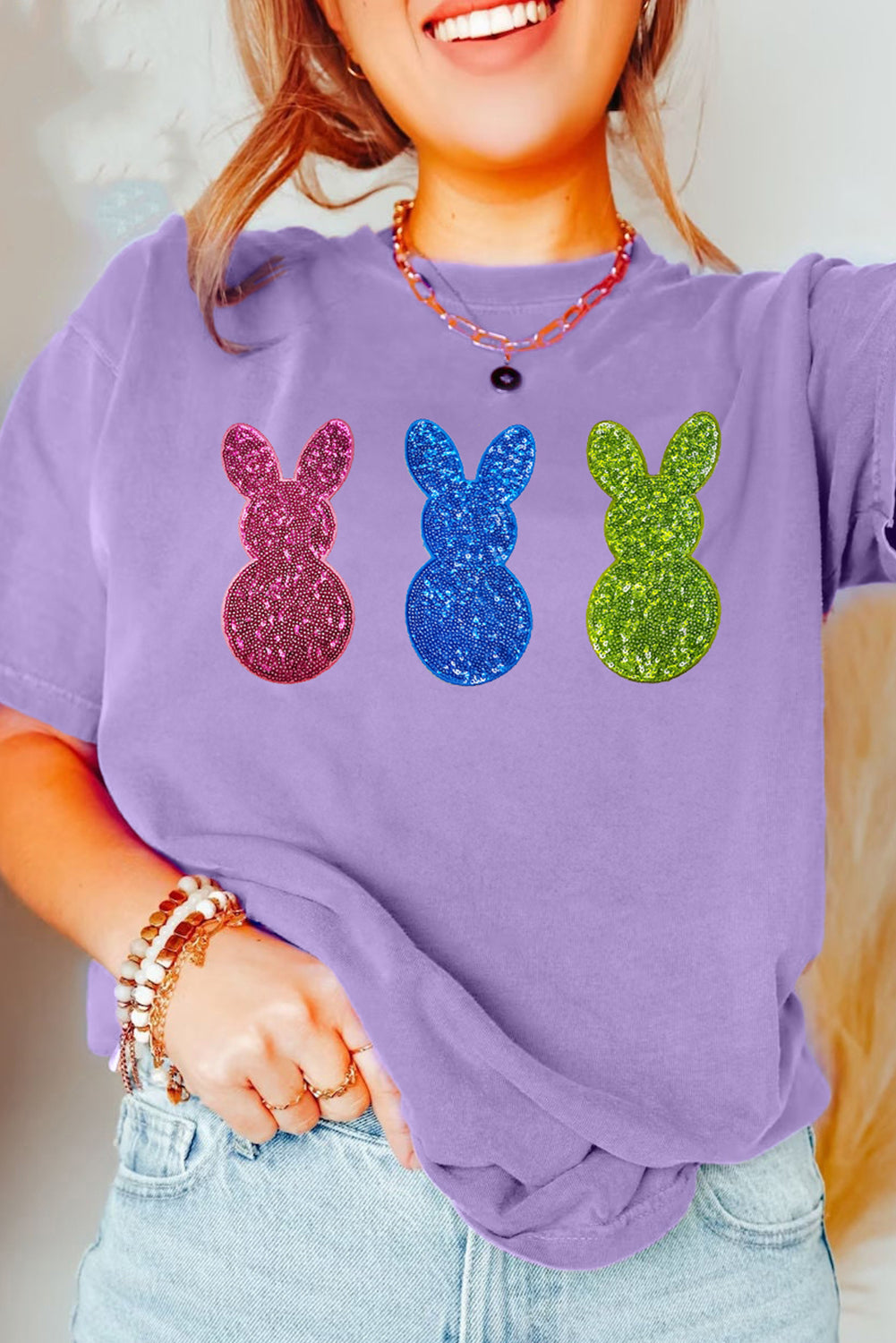 Wisteria Easter Shiny Bunny Graphic Crewneck T Shirt - Aaria Tees Aaria Tees