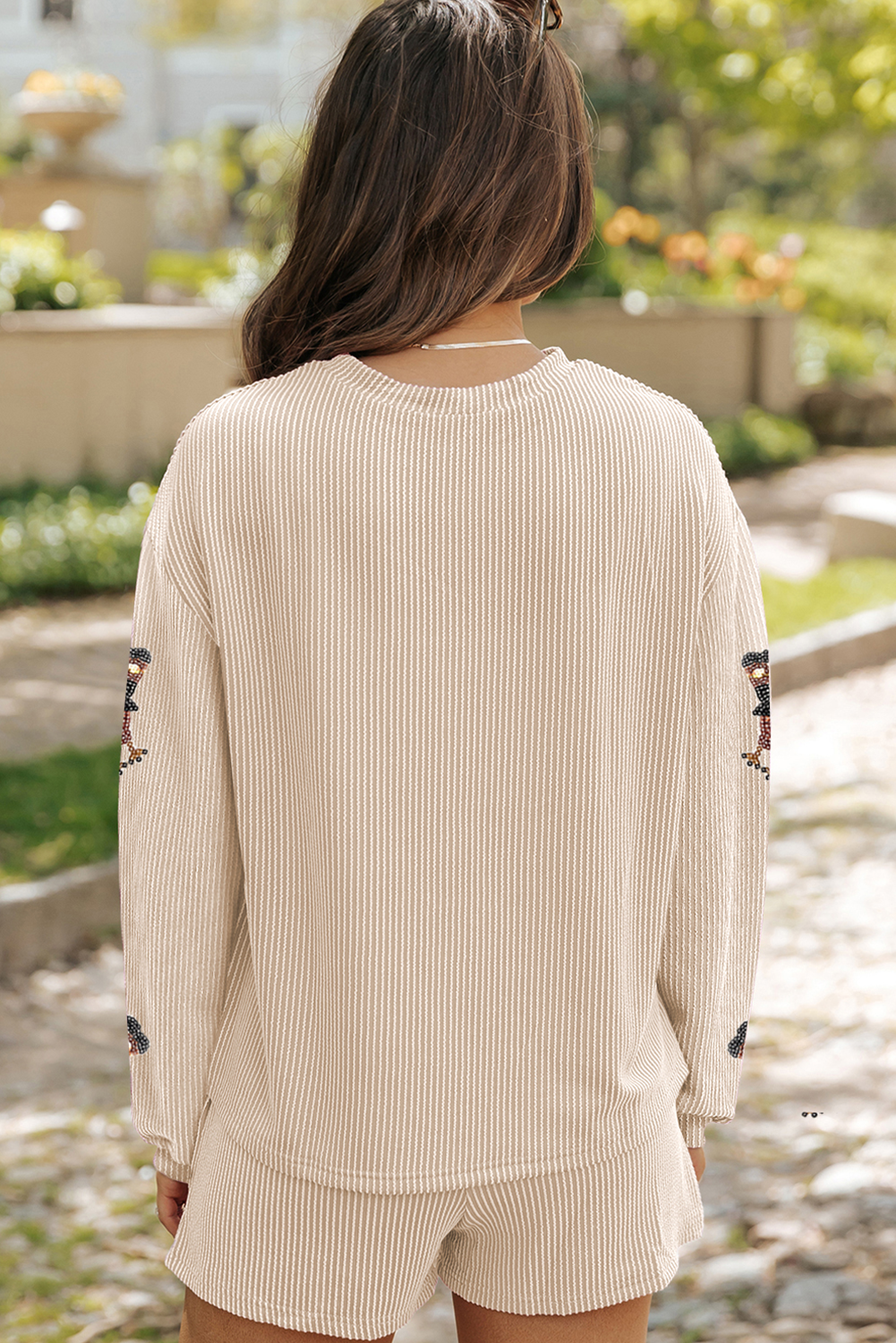 Parchment Thanksgiving Sequined Turkey Corded Knit Loose Fit Shorts Set - Aaria Tees Aaria Tees