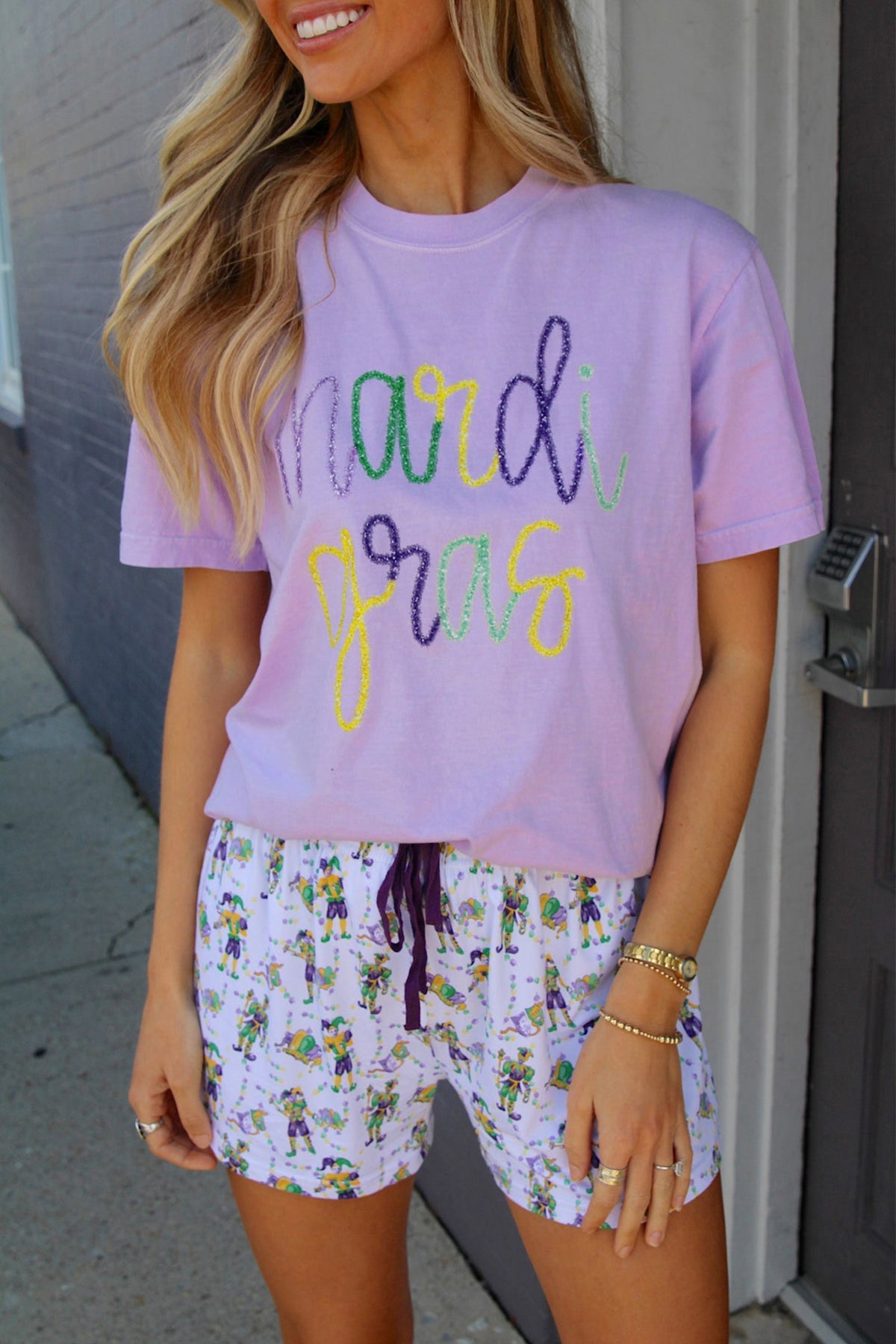 Lavendula Mardi Gras Tinsel Letter Graphic Loose T Shirt - Aaria Tees