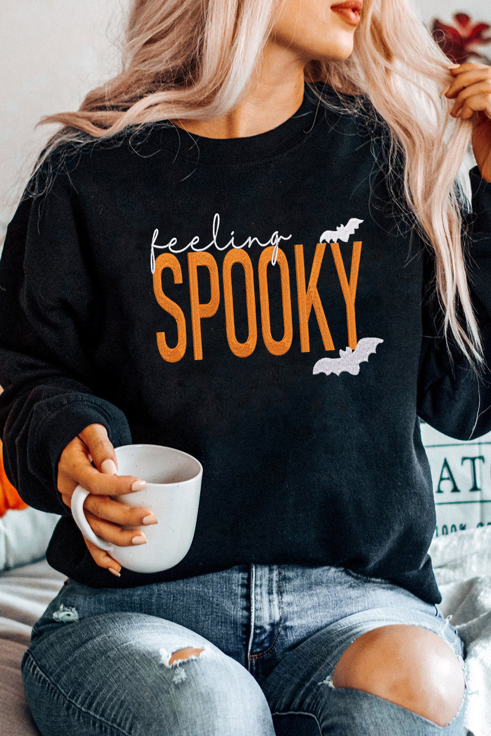 Black Feeling Spooky Halloween Embroidered Graphic Baggy Sweatshirt - Aaria Tees