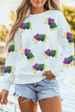 White Sequined Mardi Gras Mask Pattern Drop Shoulder Sweatshirt Aaria Tees