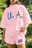 Light Pink USA Patriotic Sequin Graphic Mock Neck Oversize Tee Short Set Aaria Tees