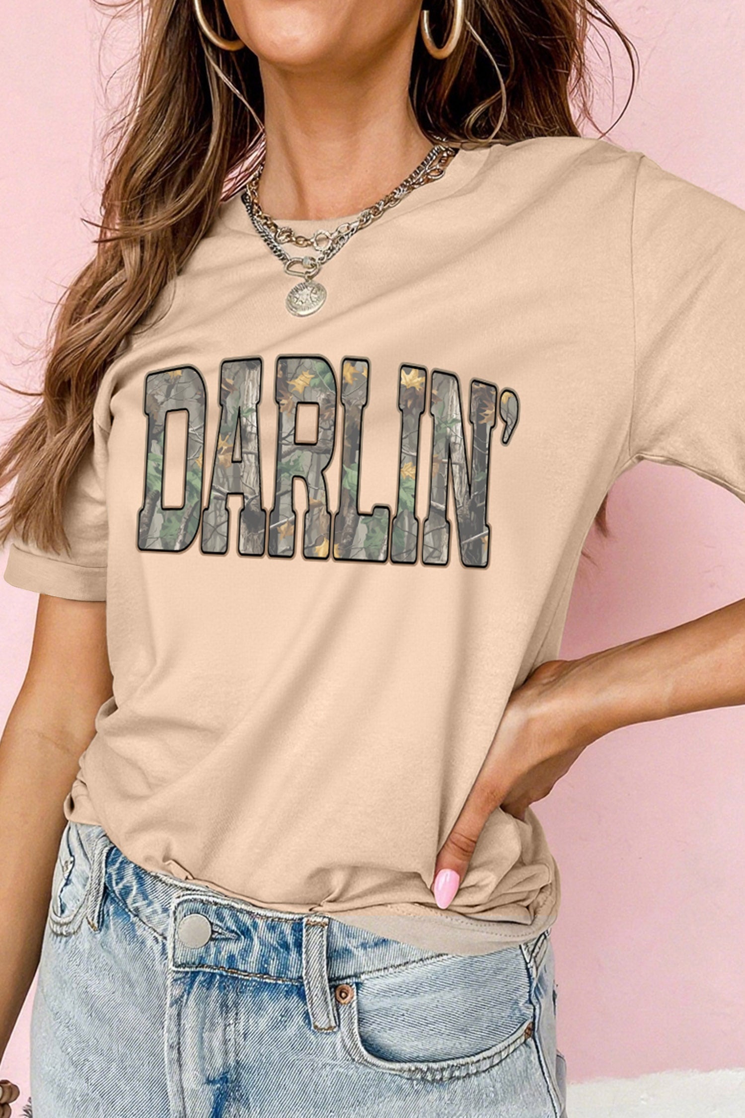 Khaki DARLIN Camo Letter Print Crewneck T Shirt - Aaria Tees Aaria Tees
