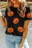 Black Glittering Pumpkin Face Graphic Crewneck Halloween T Shirt - Aaria Tees Aaria Tees