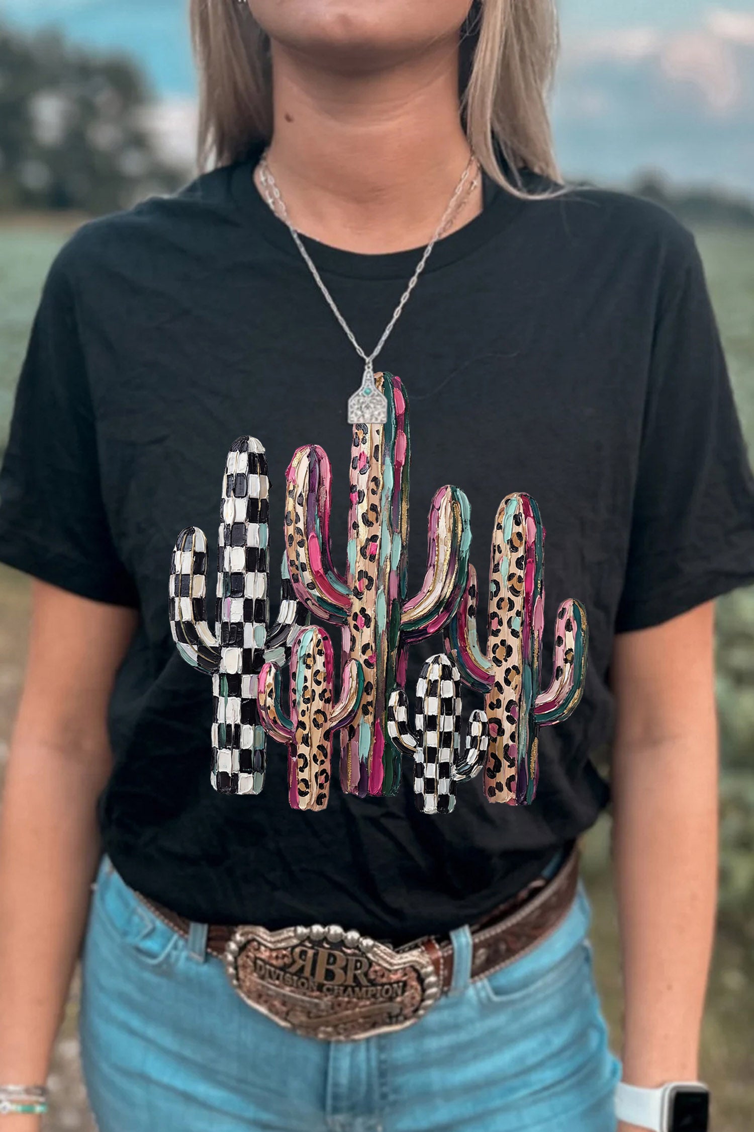 Black Mixed Pattern Cactus Graphic Print Relaxed T-Shirt - Aaria Tees Aaria Tees