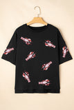 Black Sequin Crayfish Graphic Drop Sleeve High Low Tee Aaria Tees