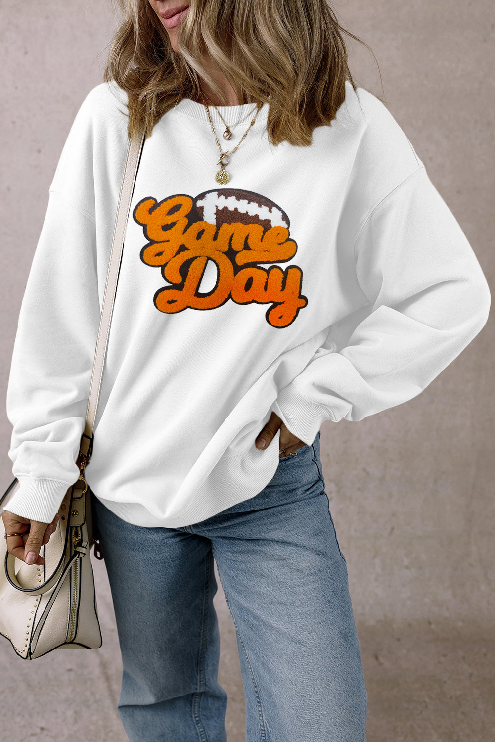 White Chenille Game Day Rugby Football Pattern Pullover Sweatshirt - Aaria Tees Aaria Tees