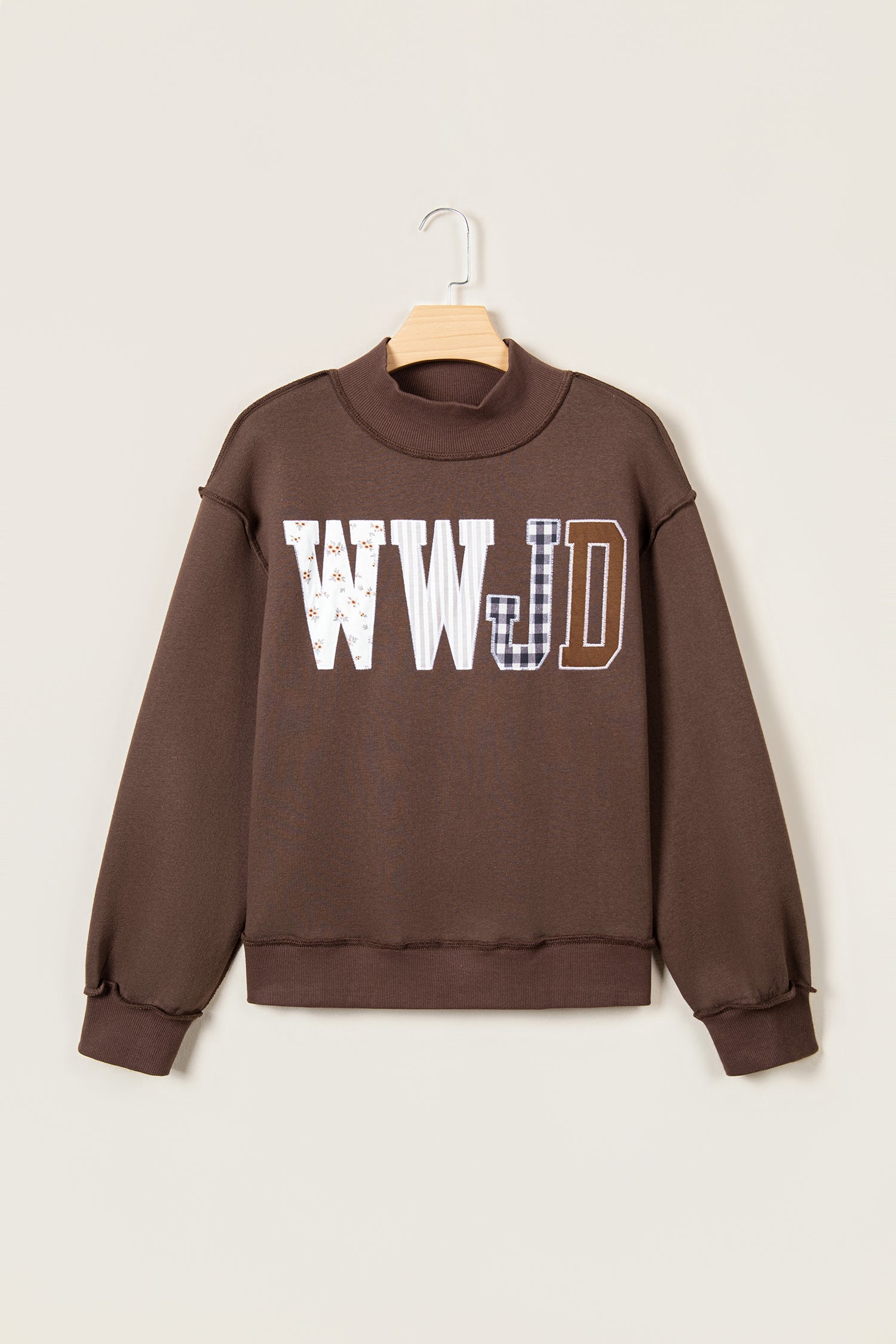 Coffee WWJD Mixed Pattern Embroidered Patch Graphic Mock Neck Sweatshirt - Aaria Tees Aaria Tees