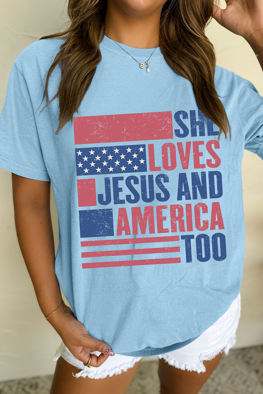Light Blue SHE LOVES JESUS AND AMERICA TOO Flag Graphic T Shirt - Aaria Tees Aaria Tees