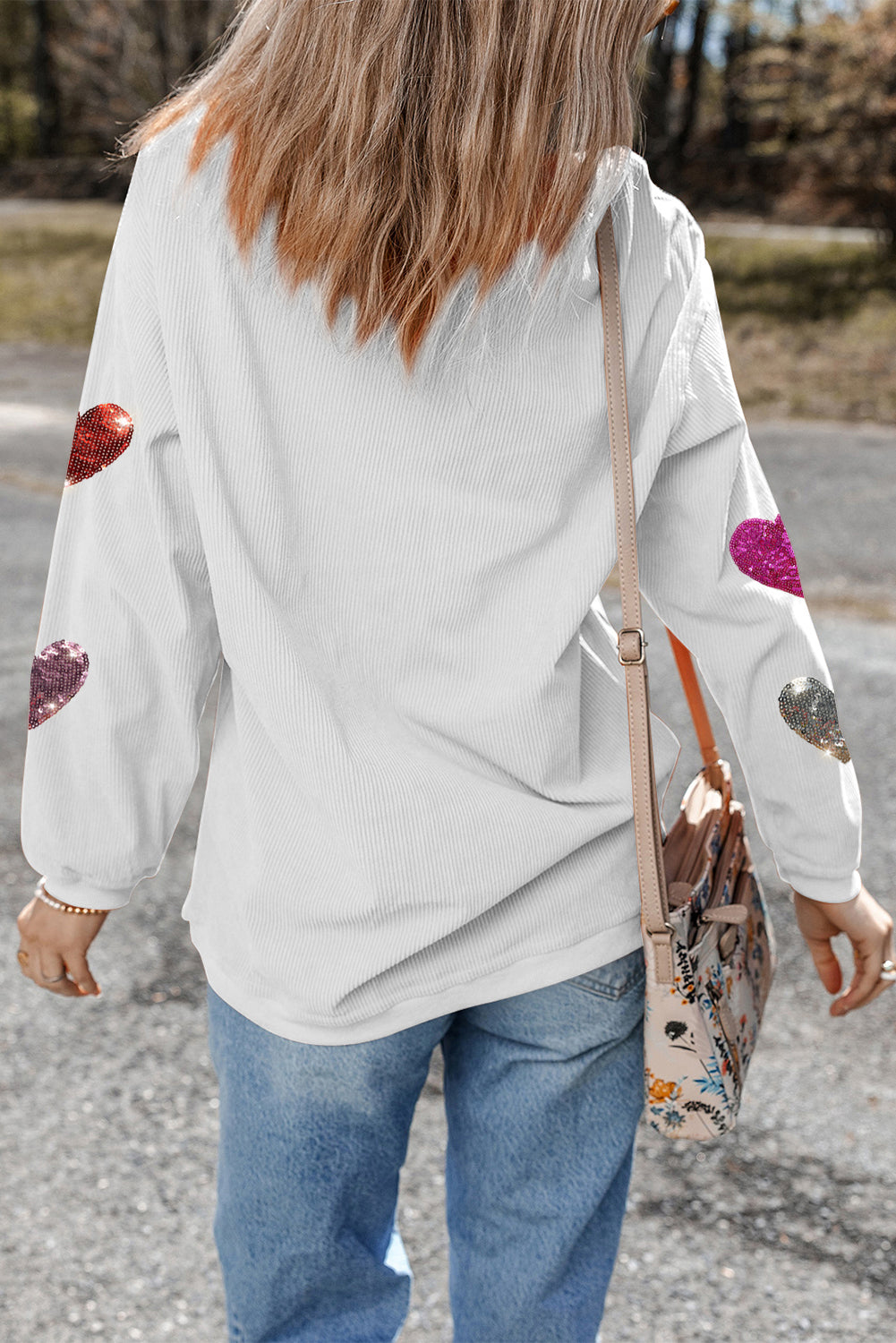 White Valentines Heart Patched Pattern Corded Pullover Sweatshirt - Aaria Tees Aaria Tees
